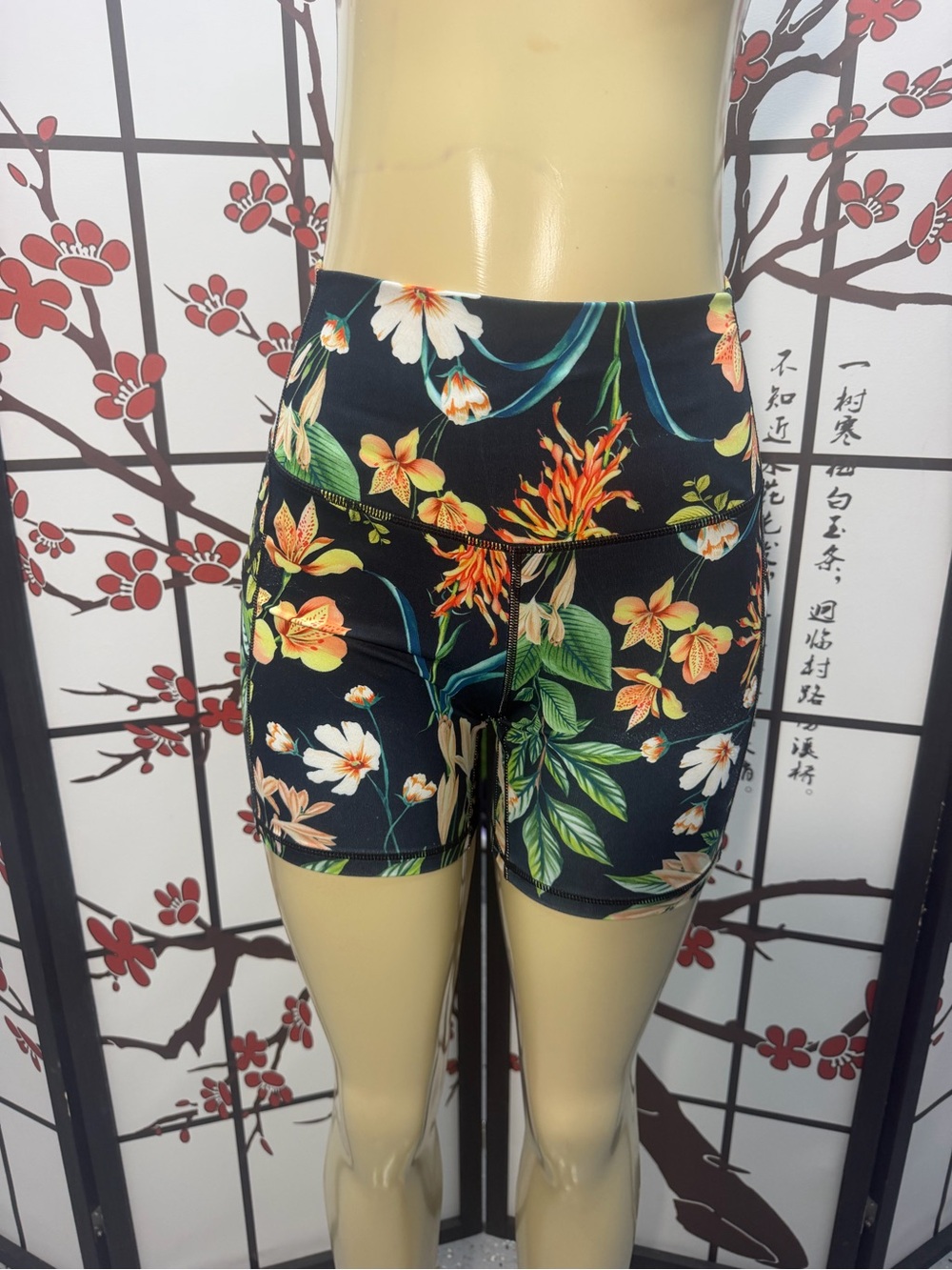 High-Rise Black Floral Women's Bike Shorts